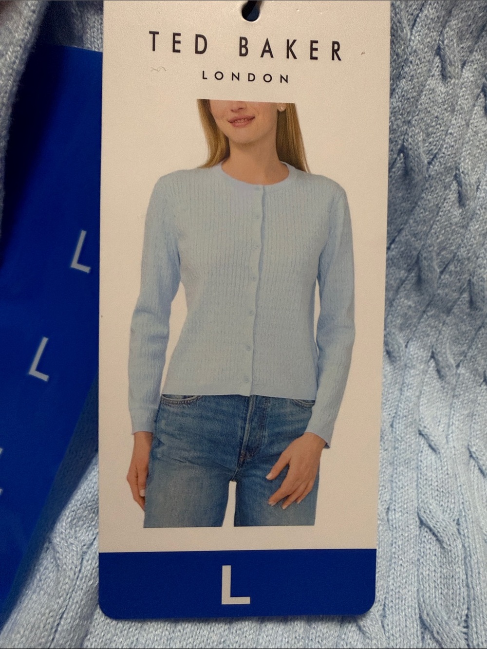 Ted Baker Light Blue Button Cardigan Cable Knit Cardigan 100% Cotton L NWT